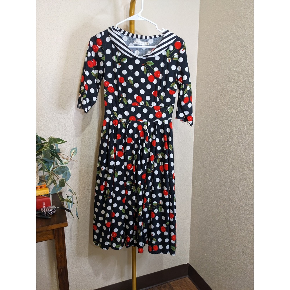 Cherry Polka Dot Sailor Collar Swing Dress Retro Rockabilly 50s 60s Black Red